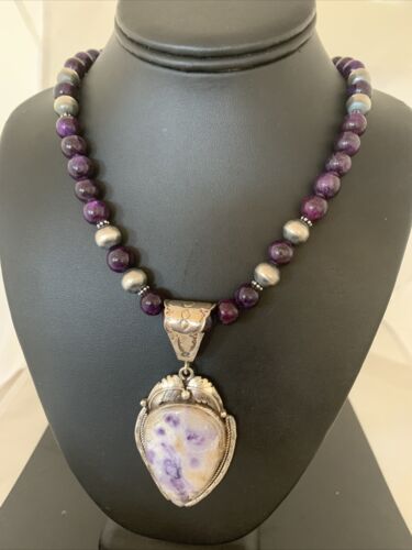Navajo Purple Sugilite & Amethyst Pendant Necklace | Sterling Silver | Authentic Native American Handmade | 1756