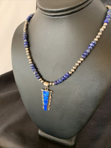 Navajo Pearls Necklace Blue Lapis Opal Inlay Pendant | Sterling Silver | Native American Handmade | 11804