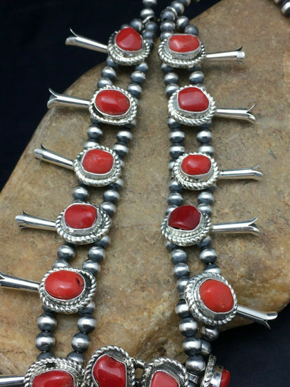 Navajo Coral Naja Pendant | Sterling Silver Squash Blossom Necklace & Earrings Set | 4176 - Masha USA