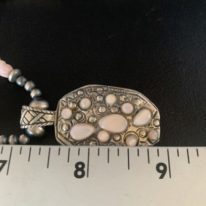 Navajo Pink Opal Beads Necklace | Multi-Stone Mother of Pearl Pendant | Sterling Silver | 13441