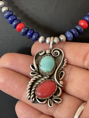 Navajo Pearls Sterling Silver Pendant Necklace | Lapis, Turquoise & Coral | Native American Handmade | 01176
