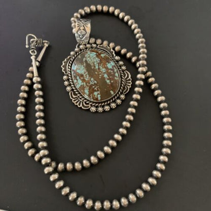 Navajo Pearls Sterling Silver Necklace with Blue Turquoise #8 Pendant | Authentic Native American Handmade | 11297