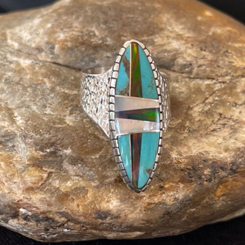 Navajo Multi-Color Opal & Turquoise Inlay Ring | Sterling Silver | Sz 7 | Authentic Native American Handmade | 1582