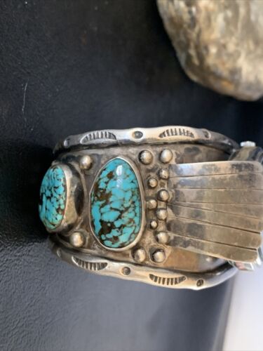 Navajo Sterling Silver Bracelet with Blue Kingman Turquoise | Men's Automatic Seiko Watch Cuff | Authentic Native American Jewelry | 12168