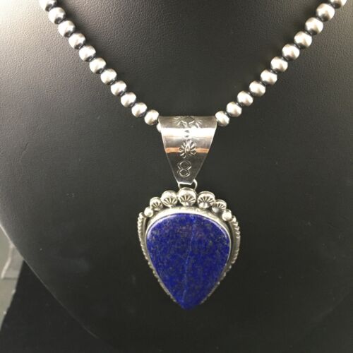 Native American Men's Navajo Pearls Necklace Pendant | Sterling Silver | Blue Lapis | 10081