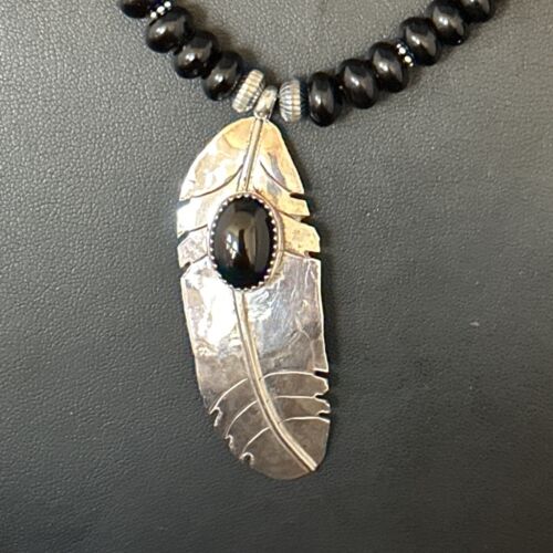 Native American Men's Navajo Pearls Necklace | Sterling Silver Black Onyx Pendant | 14627