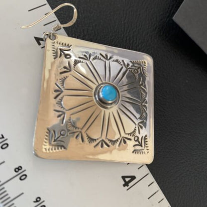 Navajo Blue Turquoise Earrings | Stamped Sterling Silver | Authentic Native American Handmade | 13321