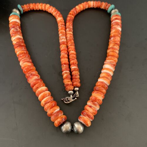 Navajo Pearls Sterling Necklace | Red Spiny Oyster & Turquoise Pendant | 24" | 11327