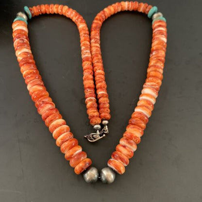 Navajo Pearls Sterling Necklace | Red Spiny Oyster & Turquoise Pendant | 24" | 11327
