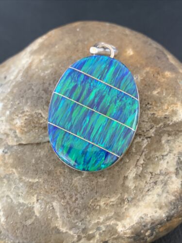 Authentic Native American Navajo Sterling Silver Blue Opal Inlay Pendant | Handmade Jewelry | 13140
