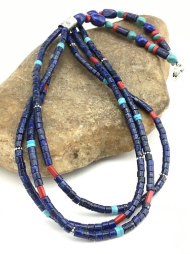 Southwestern Navajo Lapis Turquoise Necklace | 3-Strand | Sterling Silver | 24" | 1361