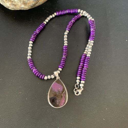 Women's Navajo Pearls Purple Sugilite Necklace Pendant | Sterling Silver | Authentic Native American Handmade | 13302