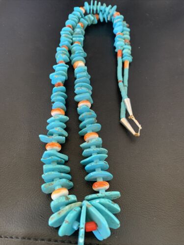 Authentic Native American Santo Domingo Necklace | Sterling Silver & Spiny Turquoise | 36" Graduated | 12067