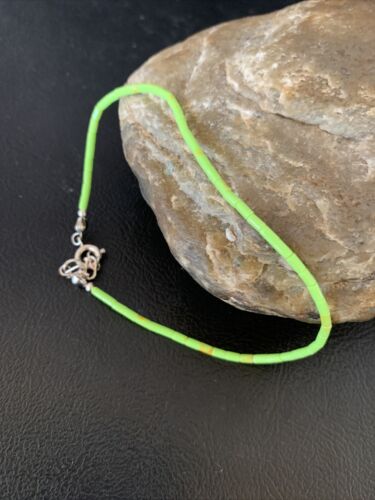 Navajo Green Gaspeite Heishi Tube Beads Bracelet | Sterling Silver | 8" | Authentic Native American Handmade | 13210