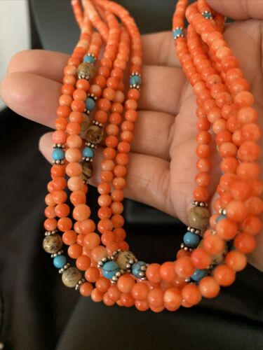 Navajo Pink Coral 5-Strand Turquoise Bead Necklace | Sterling Silver | 25" | Authentic Native American Handmade | 12510