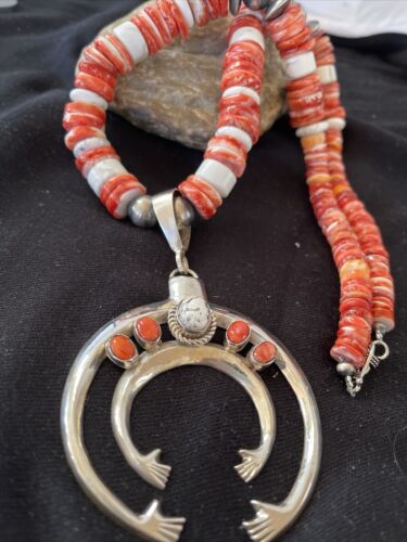Turquoise Spiny Sterling Squash Blossom Necklace | Navajo Naja Pendant | Navajo Pearls | 21" | 00959