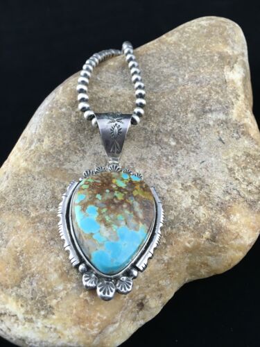 Navajo Kingman Blue Turquoise Pendant Necklace | Sterling Silver Pearls | Authentic Native American Handmade | 10093