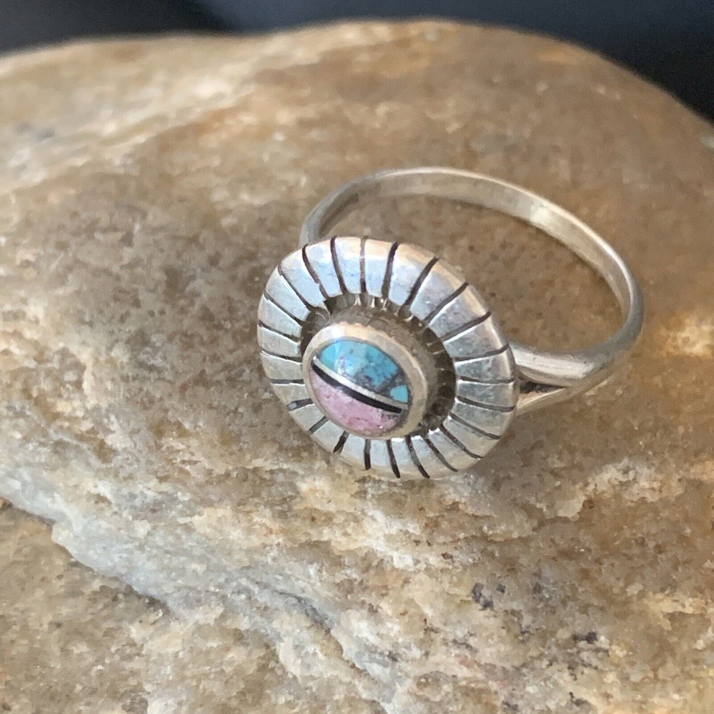 Navajo Blue Turquoise Pink Coral Inlay Ring | Sz 6 | Sterling Silver | Authentic Native American Handmade | 11170