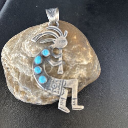 Navajo Kingman Turquoise Tufa Cast Kokopelli Pendant | Authentic Native American Sterling Silver | Multi-Stone | 14230