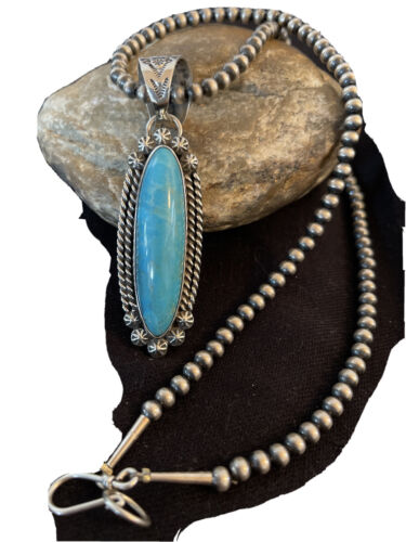 Men's Kingman Turquoise Pendant | Navajo Pearl Sterling Silver Necklace | Authentic Native American Handmade | 1070