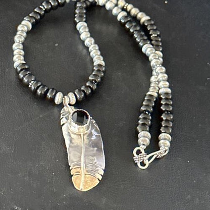 Navajo Pearls Black Onyx Necklace Pendant | Sterling Silver | Authentic Native American Handmade | 14626