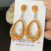 Navajo Sterling Silver Opal Orange Spiny Oyster Inlay Dangle Earrings | Authentic Native American Handmade | 1545
