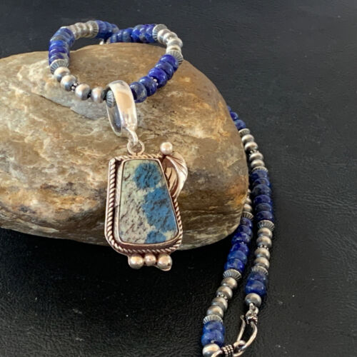 Men's Navajo Pearls Lapis Necklace with Azurite Pendant | Sterling Silver | Authentic Native American Handmade | 01931