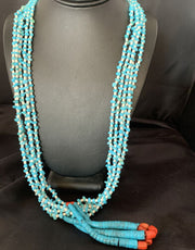Native American Santo Domingo Blue Turquoise Coral Jacla Necklace | 5 Strand Nugget Bead | 34" | 13182