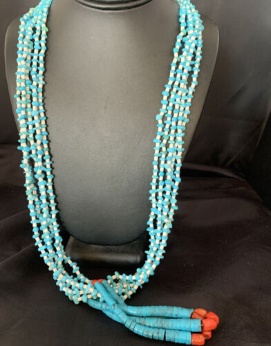 Native Santo Domingo Blue Turquoise Coral 5S 34in Necklace Nugget Bead 13182