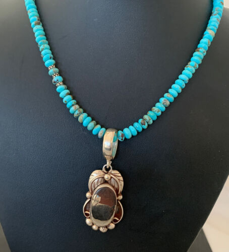 Navajo Blue Turquoise Sterling Silver Necklace | Pyrites Pendant | Southwestern 01393