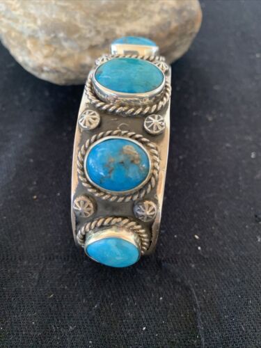 Navajo Sterling Silver Blue Kingman Turquoise Cuff Bracelet | 5 Stones | Authentic Native American Handmade | 863