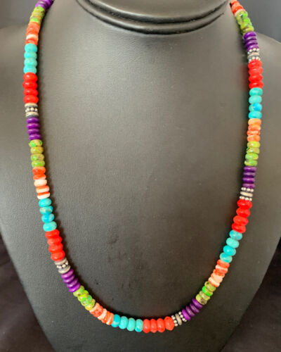 Multi-Color Turquoise Necklace | Sterling Silver | 21" | Authentic Native American Handmade | 13213 - Masha USA