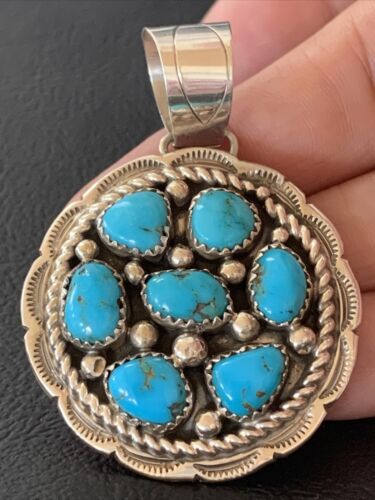 Navajo Blue Kingman Turquoise Cluster Pendant | Authentic Native American Sterling Silver | Multi-Stone | 2" | 02095