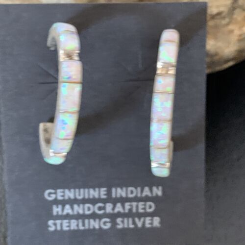 Southwestern Navajo Sterling Silver White Opal Inlay Hoop Earrings 1” 12128