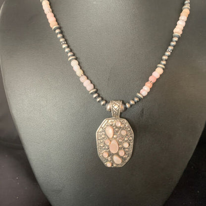 Navajo Pink Opal Beads Necklace | Multi-Stone Mother of Pearl Pendant | Sterling Silver | 13441