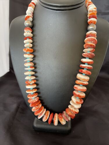 Navajo Turquoise & Red Spiny Oyster Necklace | Sterling Silver | Authentic Native American | Graduated | 22" | 10589