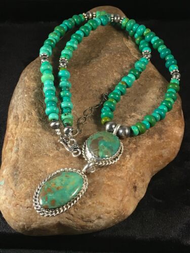 Southwestern Green Turquoise Necklace | Pueblo Sterling Silver Pendant | Multi-Stone | 8697