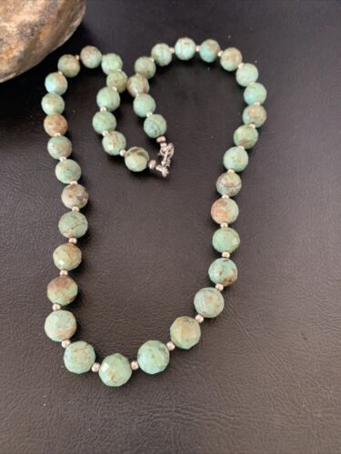 Navajo Pearls Necklace | Sterling Silver | Faceted Green Turquoise | Authentic Native American Handmade | 20" | 11737 - Masha USA
