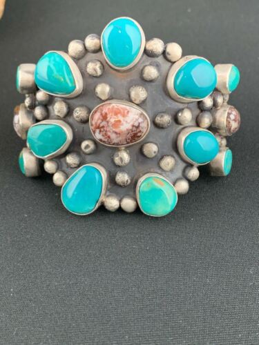 Men's Blue Turquoise Wild Horse Cuff Bracelet | Sterling Silver | Navajo Handmade | 4228 - Masha USA
