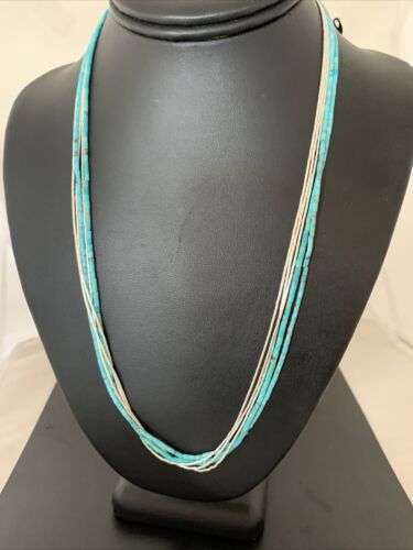Navajo Turquoise Tube Beads | Liquid Silver Heishi | 5-Strand Sterling Silver Necklace 21" | 2178