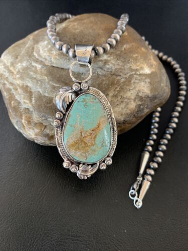 US Men Sterling Blue Dry Creek Turquoise Pendant Navajo Pearl Necklace 12972