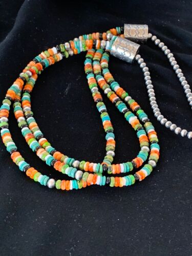 Navajo Green Turquoise, Lapis & Spiny Oyster Necklace | Sterling Silver | Authentic Native American Handmade | 3238