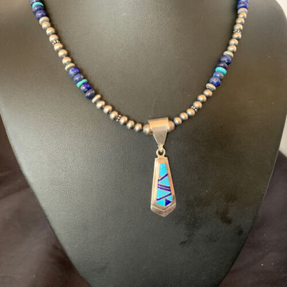Men's Navajo Pearl Blue Lapis Turquoise Pendant Necklace | Sterling Silver | 21" | 12611
