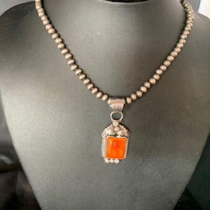 Navajo Red Spiny Oyster Square Pendant Necklace | Sterling Silver | Authentic Native American Handmade | 13636