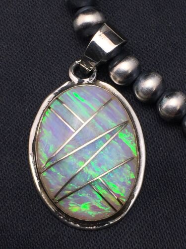 Navajo Pearls Opal Inlay Pendant | Sterling Silver Necklace | Authentic Native American Handmade | 4400