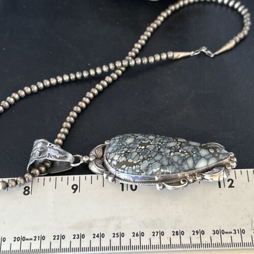 White Buffalo Turquoise Necklace Pendant with Pearls | Sterling Silver | Authentic Native American Handmade | 14805