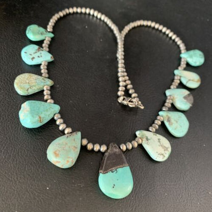Navajo Pearls Blue Turquoise Teardrop Necklace | Sterling Silver | 20" | Authentic Native American Handmade | 13429