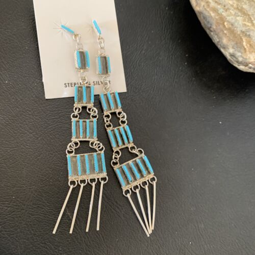 Zuni Handmade Kingman Turquoise Needle Point Dangle Earrings | Sterling Silver | 12123