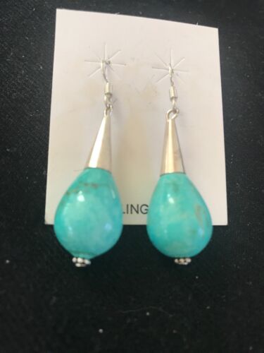 Native American Blue Turquoise Bead Dangle Earrings |  Navajo Handmade Sterling Silver | 960