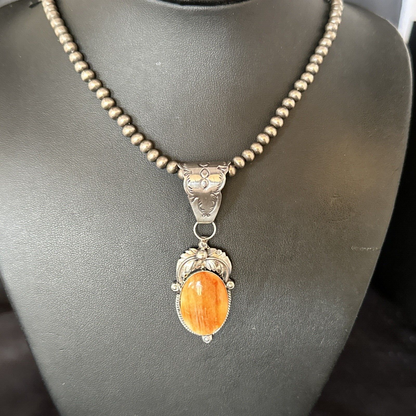 Navajo Orange Spiny Oyster Pendant Necklace | Sterling Silver | Authentic Native American Handmade | 14684